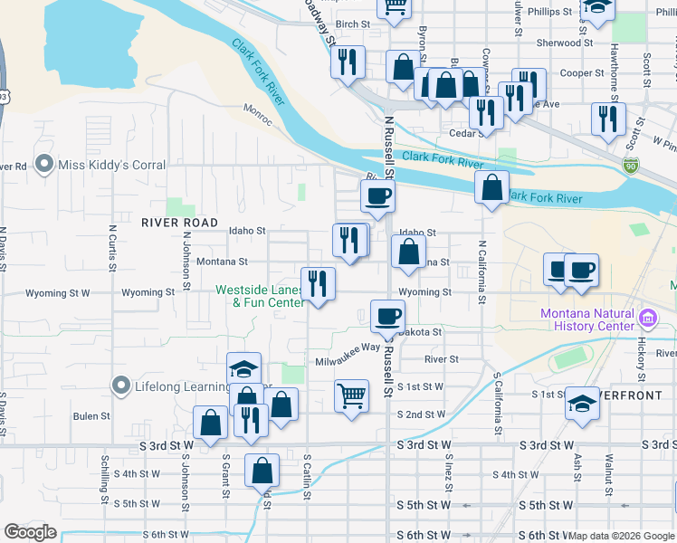 map of restaurants, bars, coffee shops, grocery stores, and more near 1612 Wyoming Street in Missoula