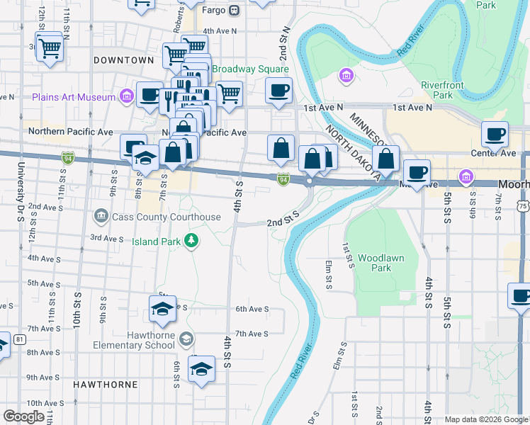 map of restaurants, bars, coffee shops, grocery stores, and more near 116-158 2nd St S in Fargo