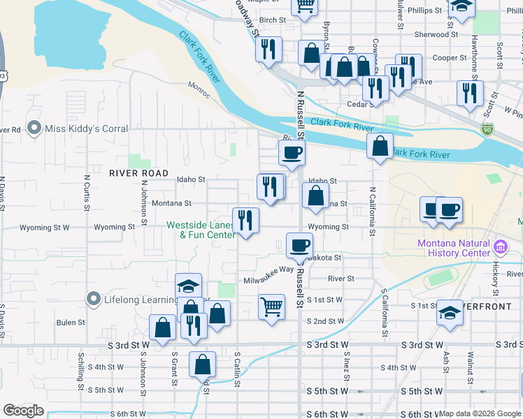 map of restaurants, bars, coffee shops, grocery stores, and more near 1612 Wyoming Street in Missoula