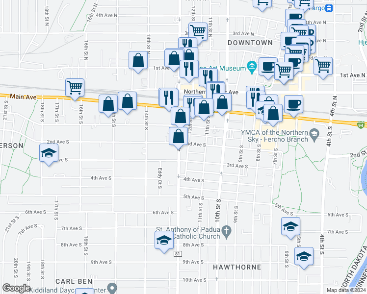 map of restaurants, bars, coffee shops, grocery stores, and more near 1206 2nd Avenue South in Fargo