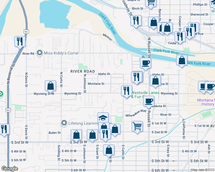 map of restaurants, bars, coffee shops, grocery stores, and more near 1823 Montana Street in Missoula