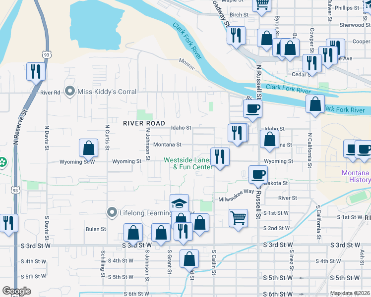 map of restaurants, bars, coffee shops, grocery stores, and more near 1822 Wyoming Street in Missoula