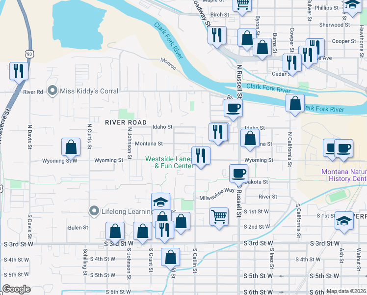map of restaurants, bars, coffee shops, grocery stores, and more near 206 North Garfield Street in Missoula
