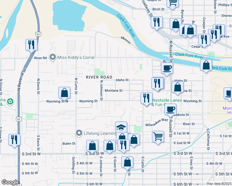 map of restaurants, bars, coffee shops, grocery stores, and more near 1822 Wyoming Street in Missoula