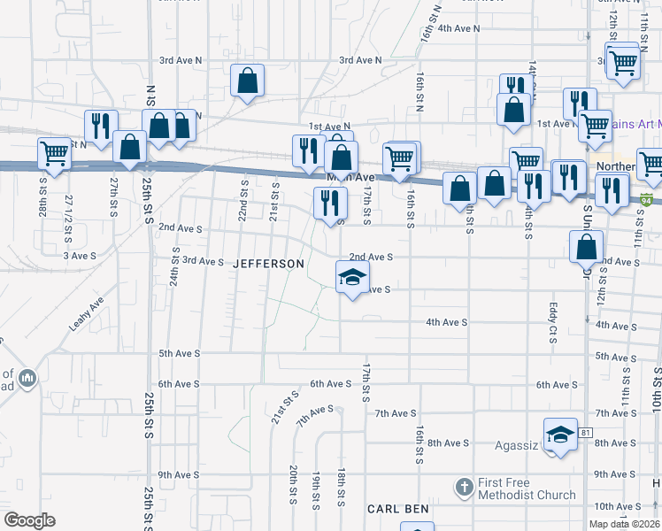 map of restaurants, bars, coffee shops, grocery stores, and more near 1713 3rd Avenue South in Fargo