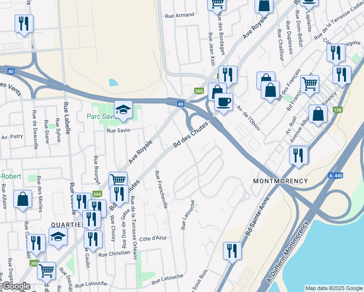 map of restaurants, bars, coffee shops, grocery stores, and more near 1310 Boulevard des Chutes in Québec