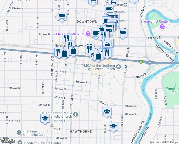map of restaurants, bars, coffee shops, grocery stores, and more near 801 2nd Avenue South in Fargo