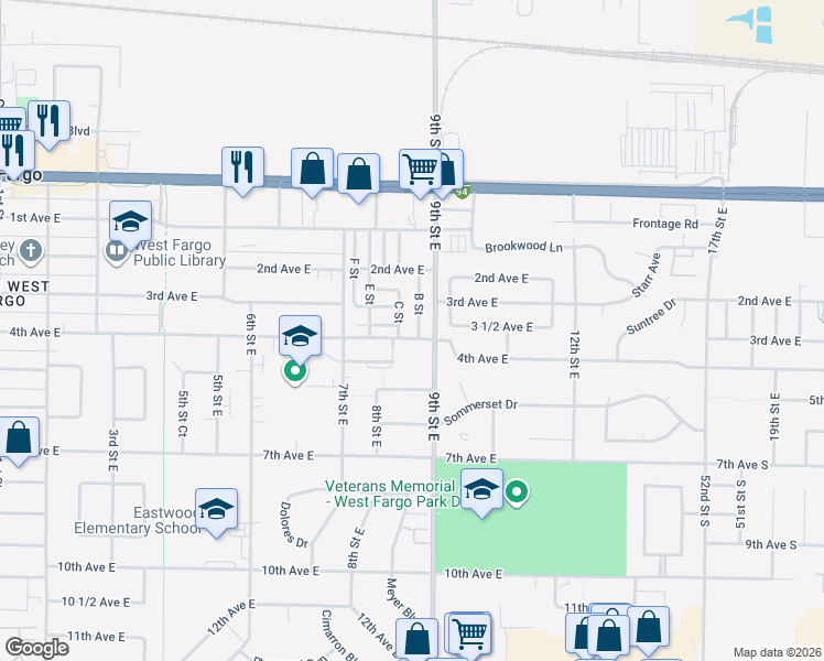 map of restaurants, bars, coffee shops, grocery stores, and more near 433 B Street in West Fargo