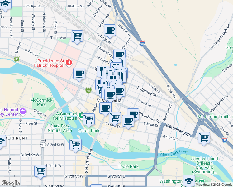 map of restaurants, bars, coffee shops, grocery stores, and more near 330 North Higgins Avenue in Missoula