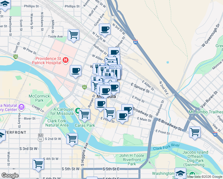 map of restaurants, bars, coffee shops, grocery stores, and more near 120 West Pine Street in Missoula