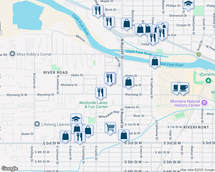map of restaurants, bars, coffee shops, grocery stores, and more near 315 North Washburn Street in Missoula