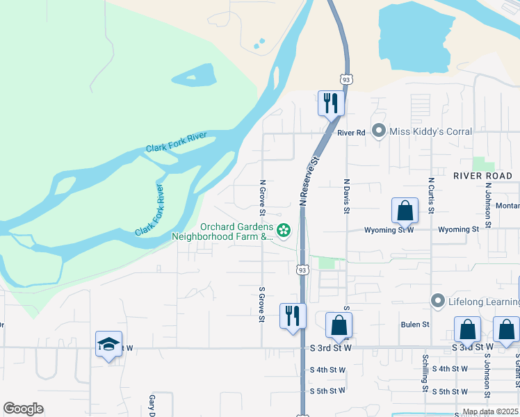 map of restaurants, bars, coffee shops, grocery stores, and more near 405 North Grove Street in Missoula
