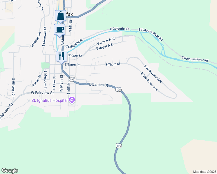 map of restaurants, bars, coffee shops, grocery stores, and more near 400-598 E James St in Colfax