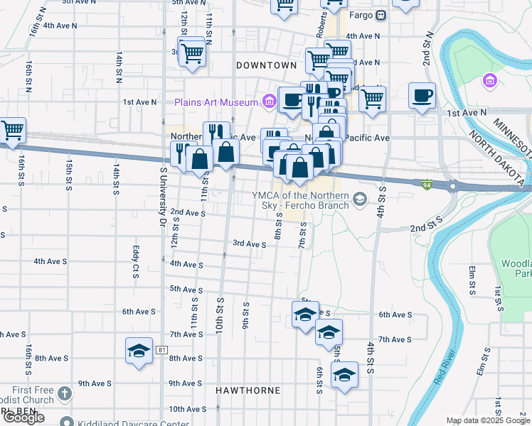 map of restaurants, bars, coffee shops, grocery stores, and more near 814 1st Avenue South in Fargo