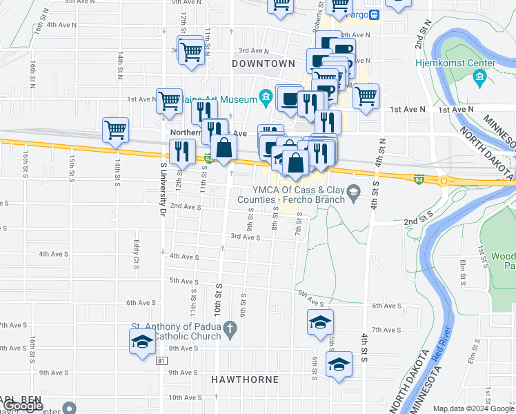 map of restaurants, bars, coffee shops, grocery stores, and more near 814 1st Avenue South in Fargo