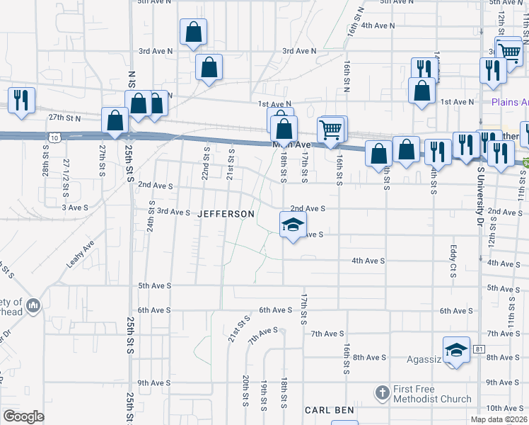 map of restaurants, bars, coffee shops, grocery stores, and more near 1819 2nd Avenue South in Fargo