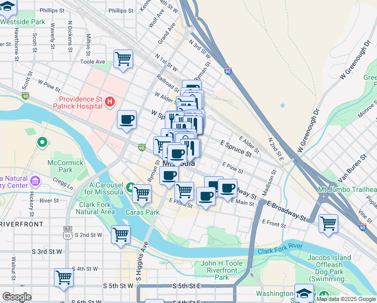 map of restaurants, bars, coffee shops, grocery stores, and more near 330 North Higgins Avenue in Missoula