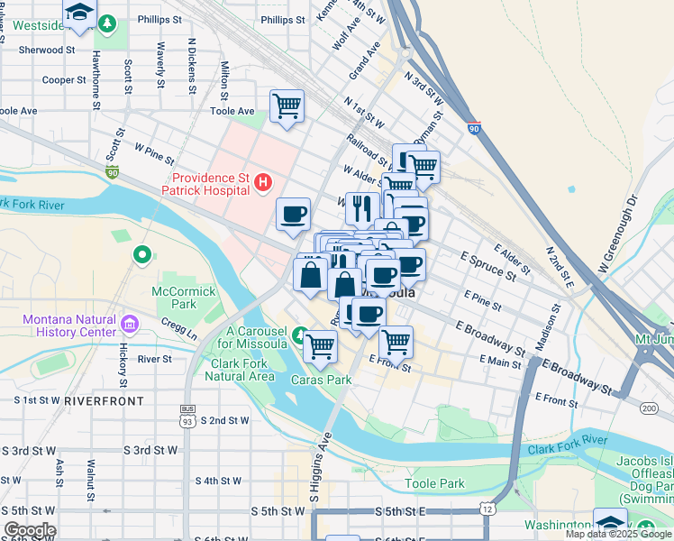 map of restaurants, bars, coffee shops, grocery stores, and more near 220 West Broadway Street in Missoula