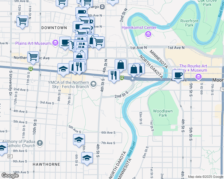 map of restaurants, bars, coffee shops, grocery stores, and more near 101 2nd Street South in Fargo