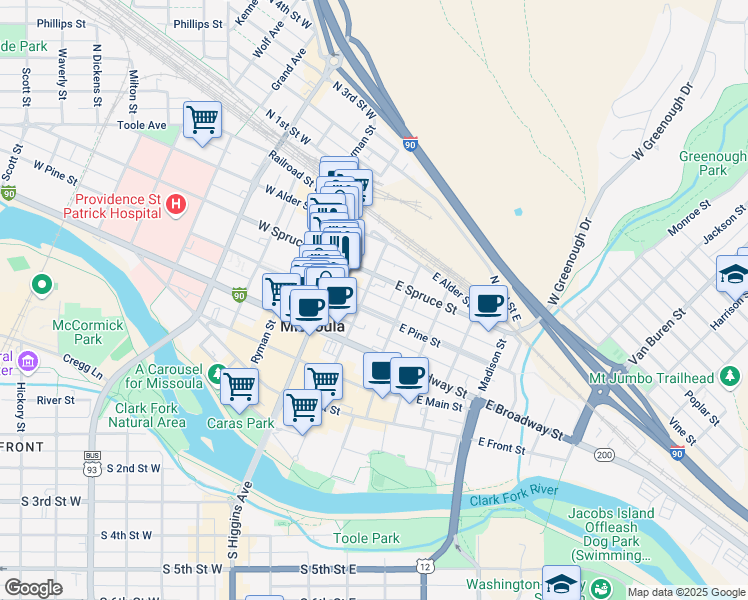 map of restaurants, bars, coffee shops, grocery stores, and more near 212 East Spruce Street in Missoula