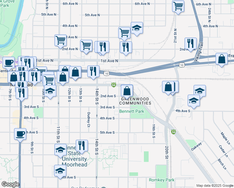 map of restaurants, bars, coffee shops, grocery stores, and more near 111 16th Street North in Moorhead