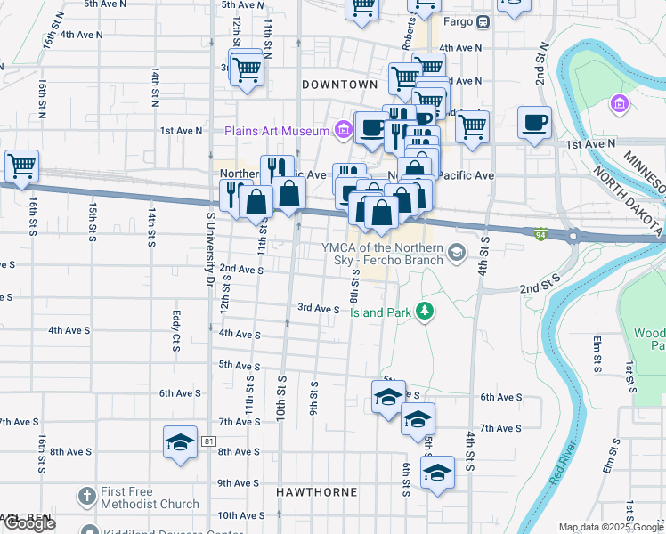 map of restaurants, bars, coffee shops, grocery stores, and more near 814 1st Avenue South in Fargo