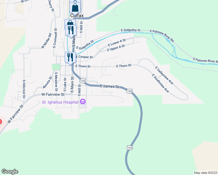 map of restaurants, bars, coffee shops, grocery stores, and more near 400 East James Street in Colfax