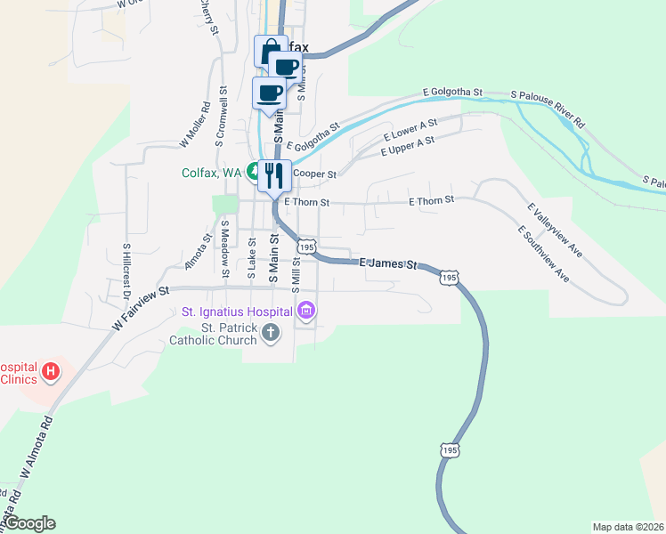 map of restaurants, bars, coffee shops, grocery stores, and more near U.S. 195 in Colfax