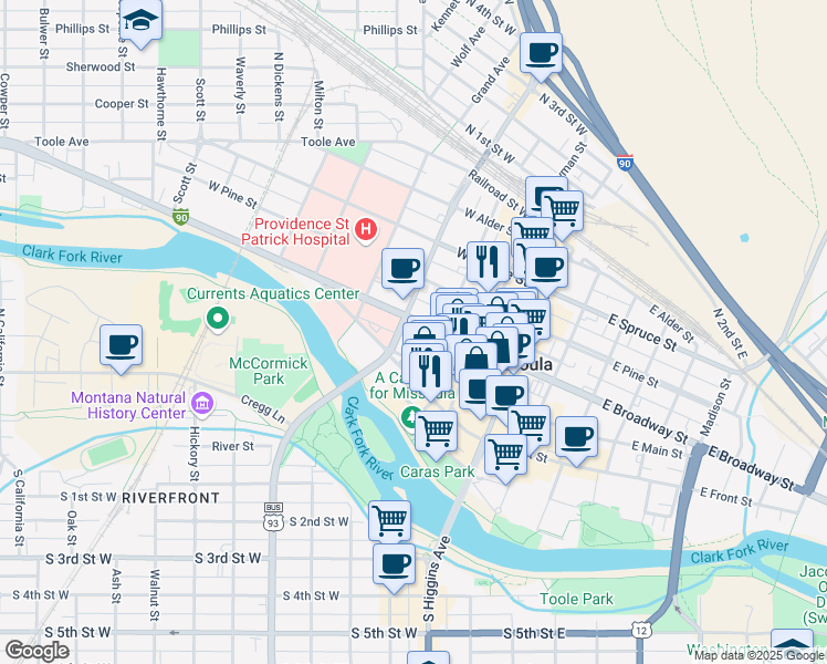 map of restaurants, bars, coffee shops, grocery stores, and more near 321 West Broadway Street in Missoula