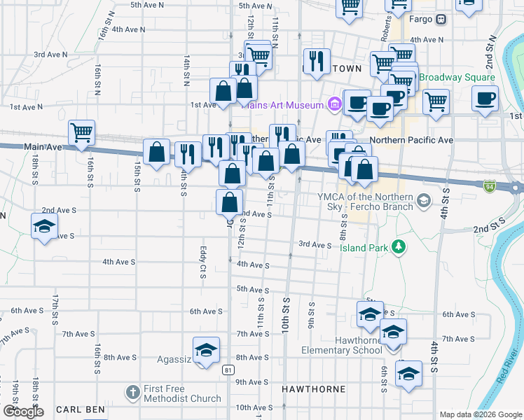 map of restaurants, bars, coffee shops, grocery stores, and more near 1107 2nd Avenue South in Fargo