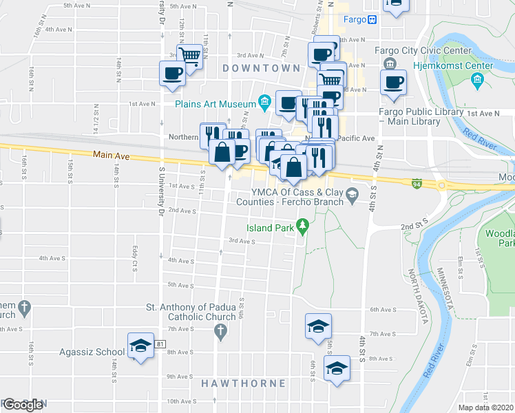 map of restaurants, bars, coffee shops, grocery stores, and more near 814 1st Avenue South in Fargo