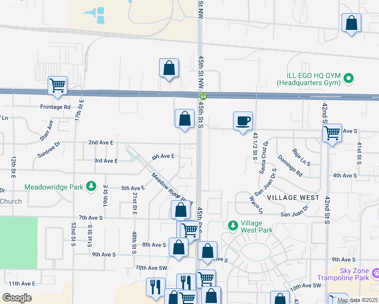map of restaurants, bars, coffee shops, grocery stores, and more near 2202 2nd Avenue East in West Fargo