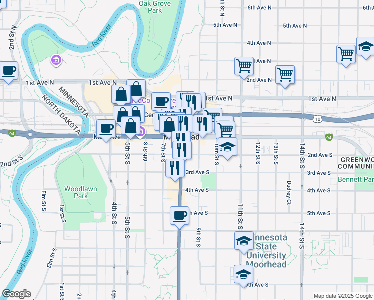map of restaurants, bars, coffee shops, grocery stores, and more near 120 8th Street South in Moorhead