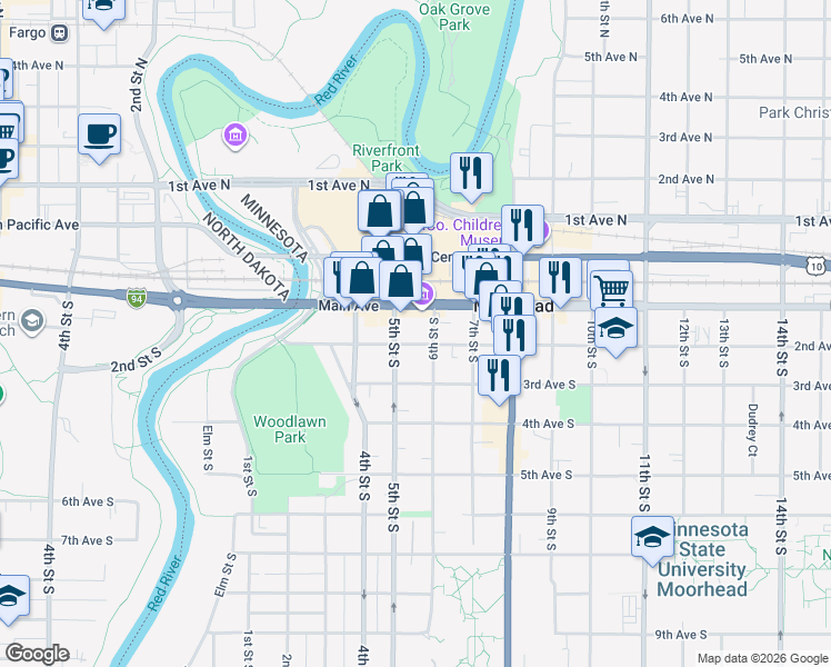 map of restaurants, bars, coffee shops, grocery stores, and more near 521 Main Avenue in Moorhead