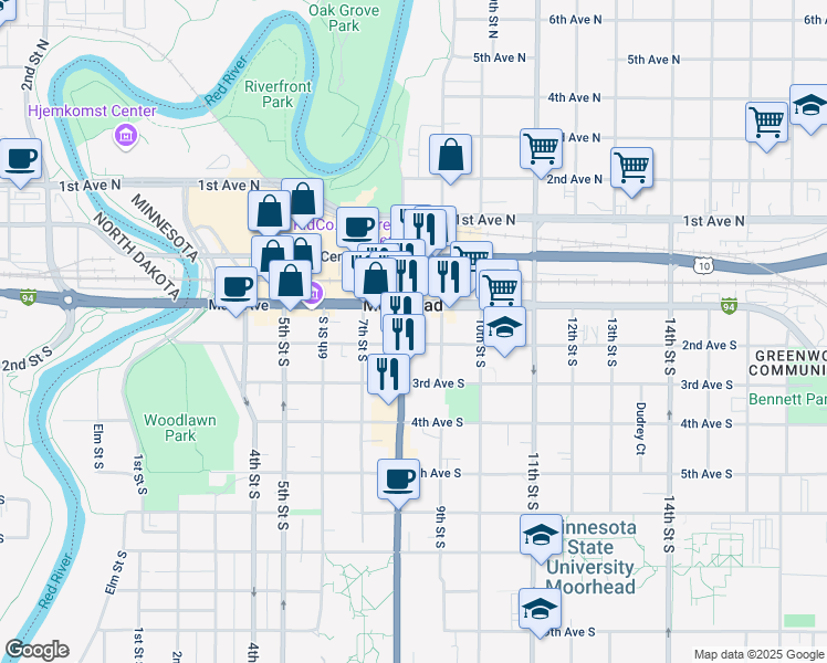 map of restaurants, bars, coffee shops, grocery stores, and more near 120 8th Street South in Moorhead