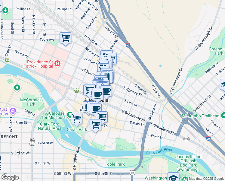 map of restaurants, bars, coffee shops, grocery stores, and more near 424 North Higgins Avenue in Missoula