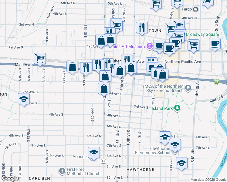 map of restaurants, bars, coffee shops, grocery stores, and more near 1108 1st Avenue South in Fargo
