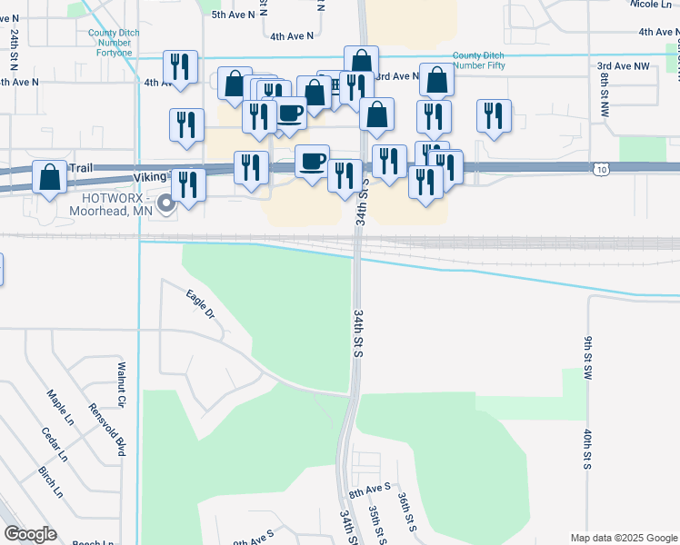 map of restaurants, bars, coffee shops, grocery stores, and more near 201 34th Street South in Moorhead