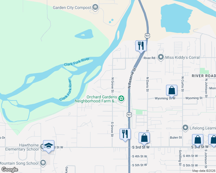 map of restaurants, bars, coffee shops, grocery stores, and more near 405 North Grove Street in Missoula