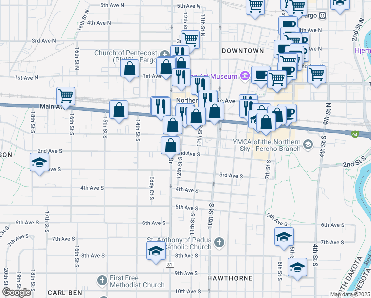 map of restaurants, bars, coffee shops, grocery stores, and more near 1108 1st Avenue South in Fargo