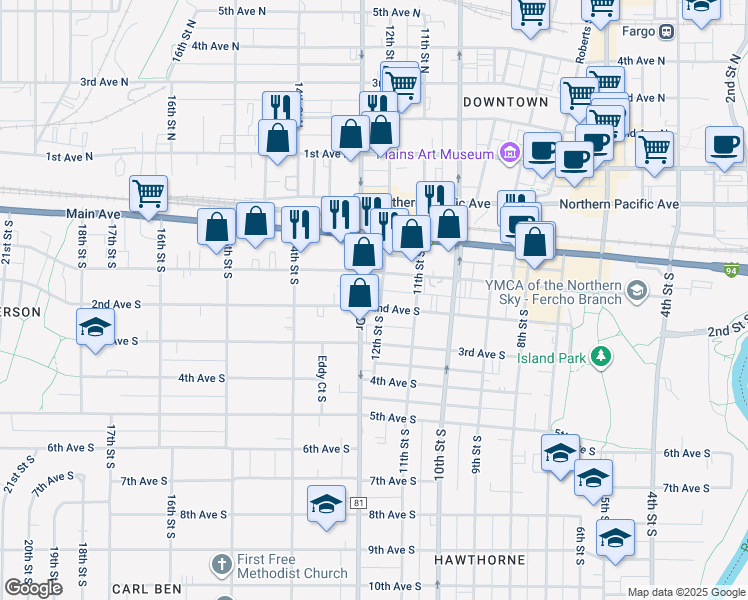map of restaurants, bars, coffee shops, grocery stores, and more near 110 South University Drive in Fargo