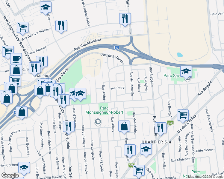 map of restaurants, bars, coffee shops, grocery stores, and more near 800 Avenue Patry in Québec