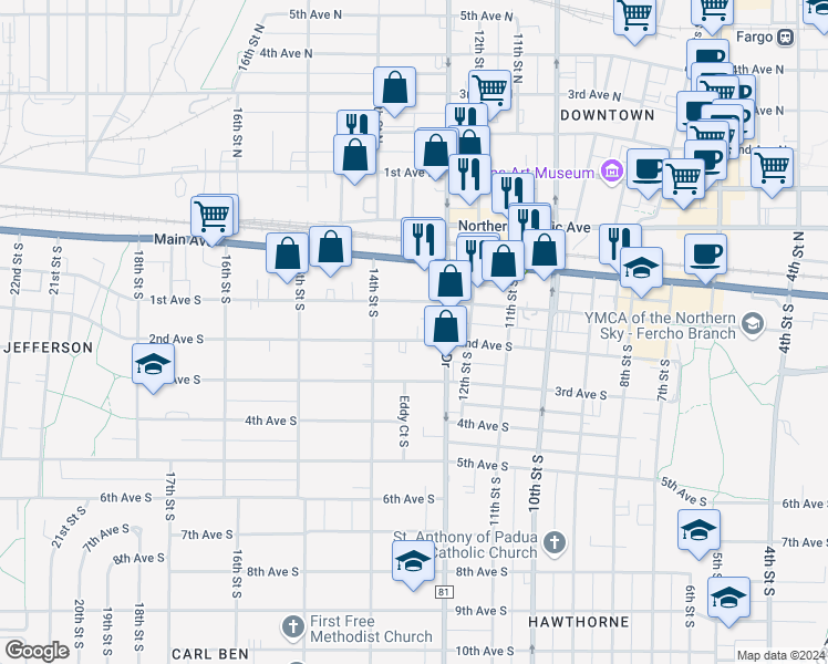 map of restaurants, bars, coffee shops, grocery stores, and more near 1321 2nd Avenue South in Fargo