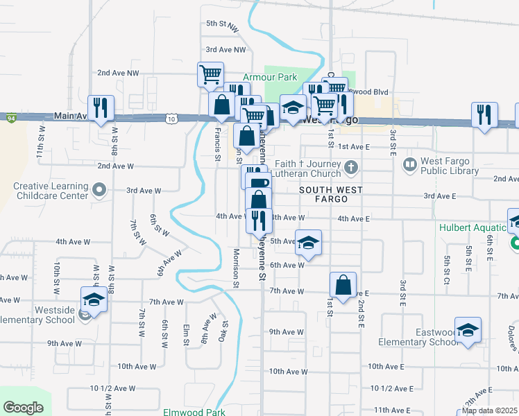 map of restaurants, bars, coffee shops, grocery stores, and more near 300 Sheyenne Street in West Fargo
