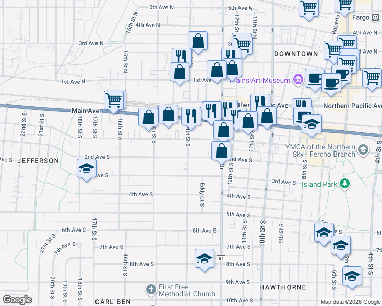 map of restaurants, bars, coffee shops, grocery stores, and more near 114 14th Street North in Fargo