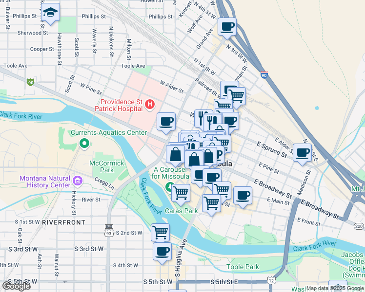map of restaurants, bars, coffee shops, grocery stores, and more near 317 Woody Street in Missoula