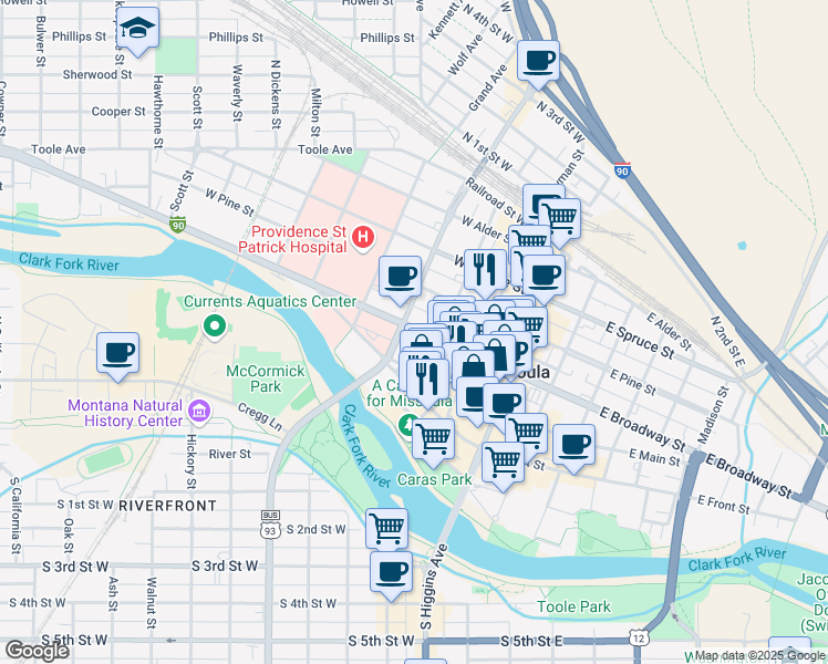 map of restaurants, bars, coffee shops, grocery stores, and more near in Missoula