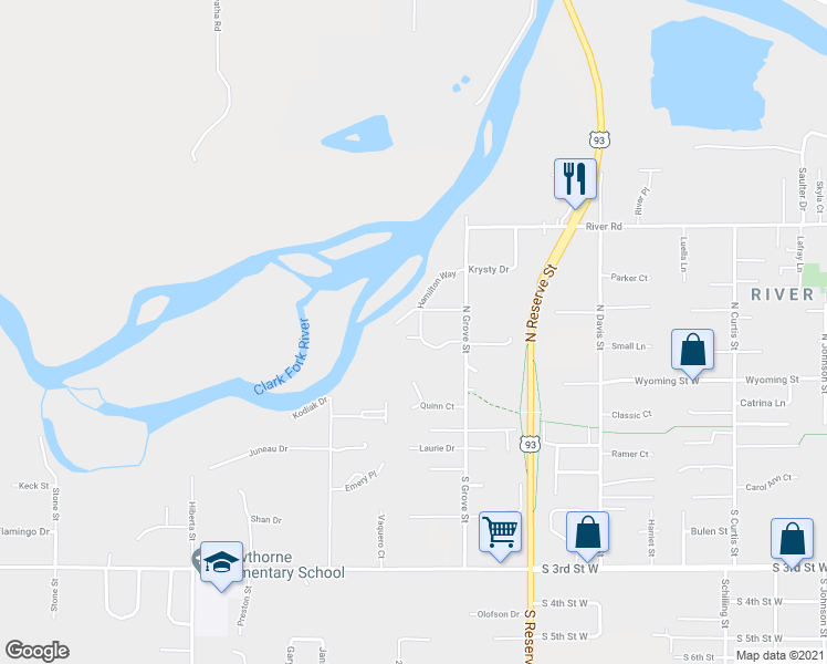 map of restaurants, bars, coffee shops, grocery stores, and more near 2647 Roderick Way in Missoula