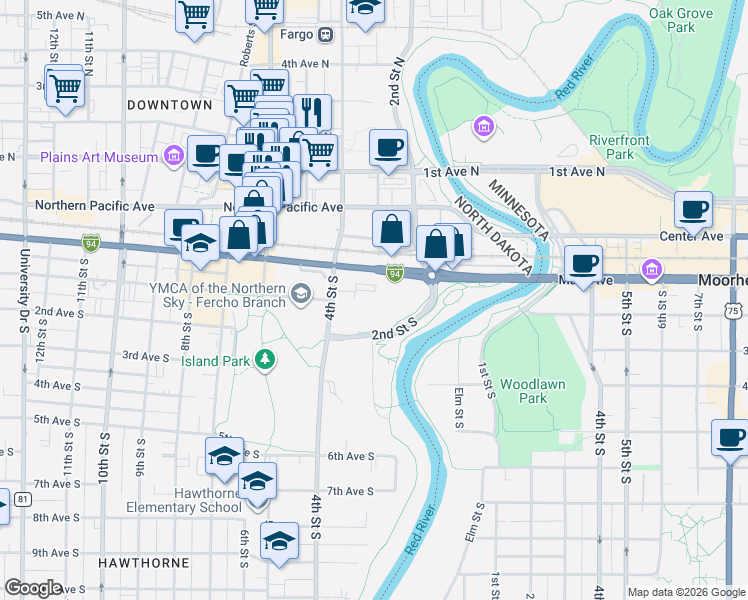 map of restaurants, bars, coffee shops, grocery stores, and more near 300 Main Avenue in Fargo