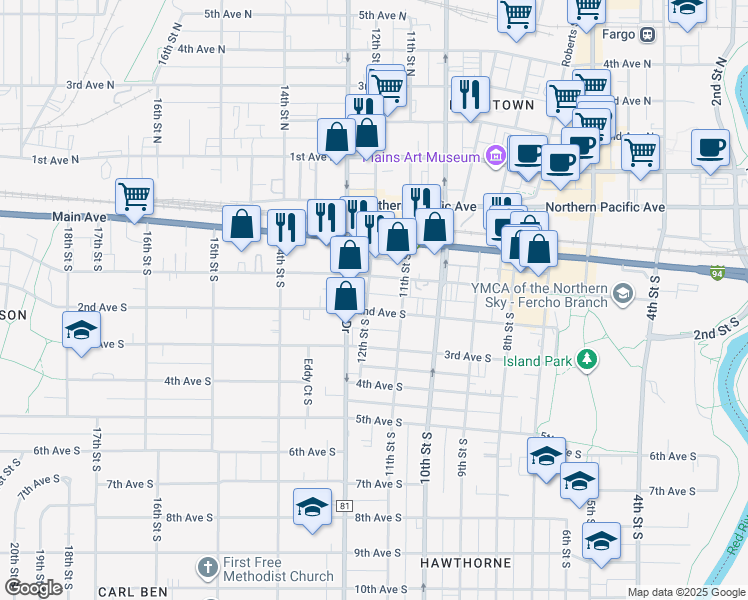 map of restaurants, bars, coffee shops, grocery stores, and more near 1108 1st Avenue South in Fargo